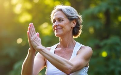 Woman performing gentle yoga stretches outdoors
