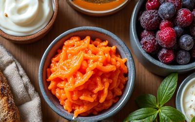 Bowls of fermented foods like kimchi and kefir