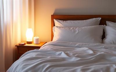 Peaceful bedroom scene with soft lighting