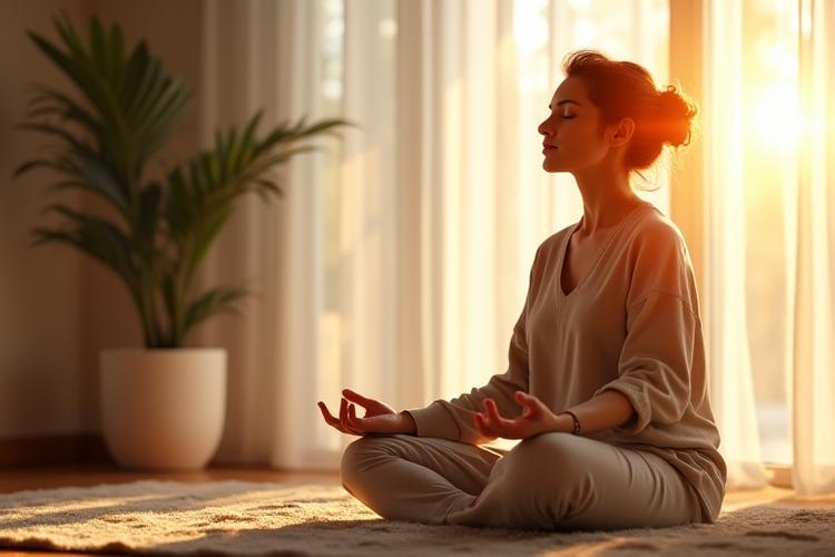 Woman practicing mindful meditation in natural light